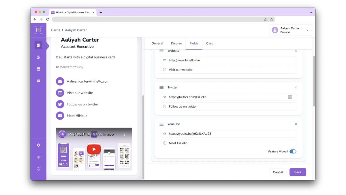 add a video and feature it to embed a video on your business card